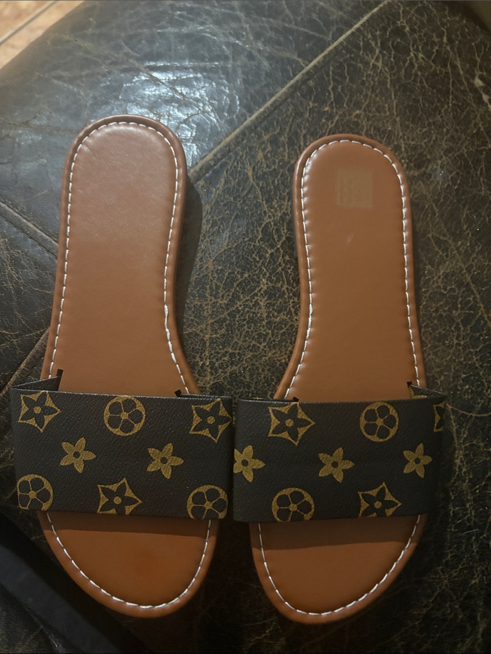Women’s Brown Slide Sandals with Patterned Strap